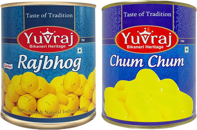 Yuvraj Food Product Cham Cham & Rajbhog both of kesar (saffron ) combo pack of 2 (1 KG x 2 ) Tin pack Tin(2 x 1000 g)
