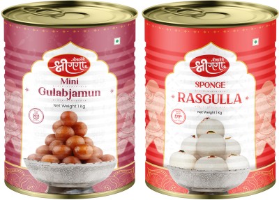 Bikaneri Shree Ganga Mini Gulab Jamun 1Kg & Rasgulla 1Kg Sweet Combo - Indulge in Rich Indian Flavors Tin(2 x 1 kg)