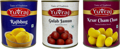 Yuvraj Food Product Rajbhog , Gulab Jamun & Kesar Cham Cham sweets 1 kg x 3 pack Can(3 x 1000 g)