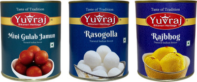 Yuvraj Food Product kesar gandheri ,Cham Cham & Mini gulab jamun sweets 1 kg x 3 pack Can(3 x 1000 g)