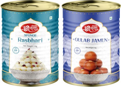 Bikaneri Shree Ganga Rasbhari 1Kg & Gulab Jamun 1Kg Combo - Delight in Authentic Sweets for Gifting Tin(2 x 1 kg)