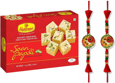 Haldiram's Soan Papdi 1Kg with 2 Rakhis | Rakhi Sweet Gift Combo for Bhaiya and Bhabhi Combo(1 Kg)