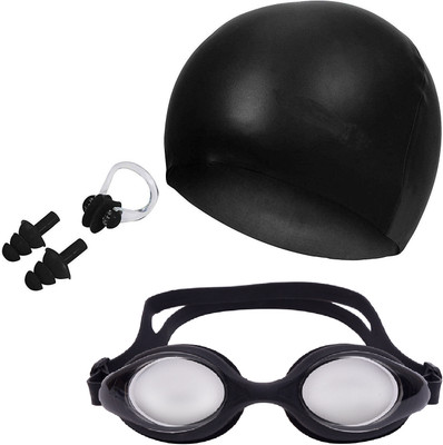 LIFE HUB THE MORNING PLAY Swimming Set Cap Google Ear Plug & Nose Clip Swimming Cap(Black)