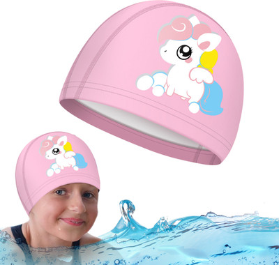 LQZ Elastic Kids Swim Cap Pink Unicorn Design Lightweight Swimming Cap(Pink, Pack of 1)