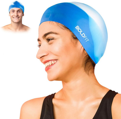 BOLDFIT Swimming Cap Men Swim Cap for Women Swimming Pool Cap Full Head Cover Silicon Swimming Cap(Blue, Pack of 1)