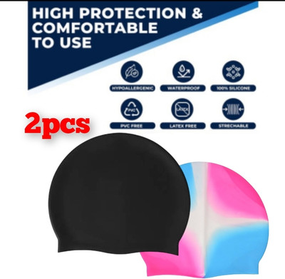Ratnaram Swimming Cap 2pcs plain Black colour Men Women Extra Stretch Swimming Cap(Pack of 2)