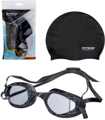 VIVA SWIMMING Swim Essentials Set Goggles + Silicone Cap Combo with PVC Bag For Junior Swimming Cap(Black, Pack of 1)