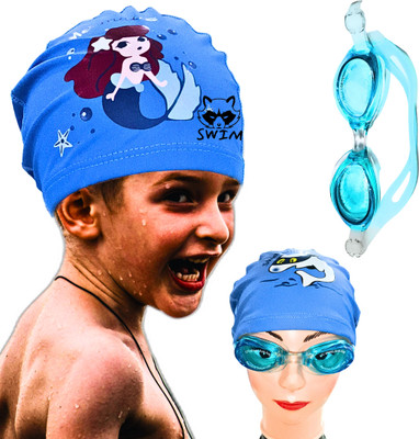 MAPACHE PU coated swimming cap and kids basic swimming goggles with earplugs Swimming Cap(Multicolor)