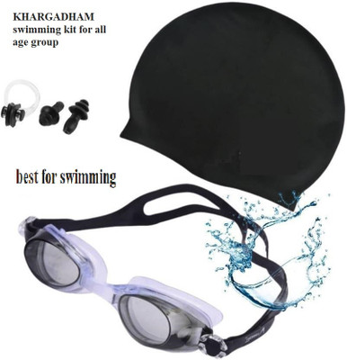 Khargadham Swimming Kit for Unisex Goggles,Cap,Nose Clip,Ear Plugs Accessories for Swimming Swimming Cap(Black, Pack of 4)