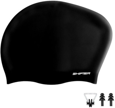 SHIFTER Swimming Cap For Women Girls Long Hair Extended Shape Comfortable Stretch Swimming Cap(Black, Pack of 1)