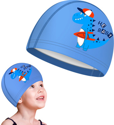 LQZ Elastic Kids Swim Cap Blue Dino Design Comfortable Swimming Cap(Blue, Pack of 1)