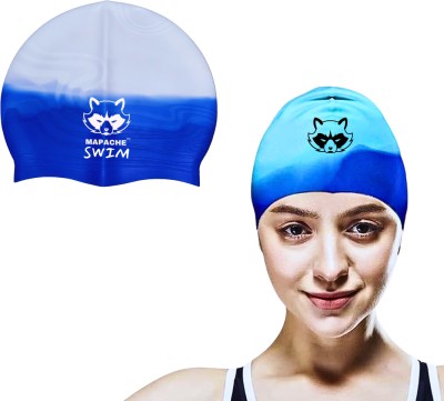 MAPACHE Swim White with Blue Swimming Cap for Kids and Adults Protects Long & Short Hair Swimming Cap(White)