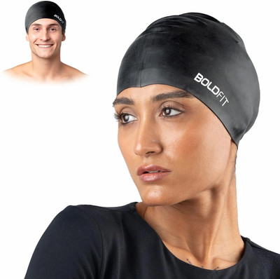 BOLDFIT Swimming Cap Men Swim Cap for Women Swimming Pool Cap Full Head Cover Silicon Swimming Cap(Black, Pack of 1)