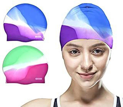 Leosportz (2PC) Unisex-Kids & Adults Adjustable Plain Flat Silicone Swimming Cap Swimming Cap(Multicolor, Pack of 2)