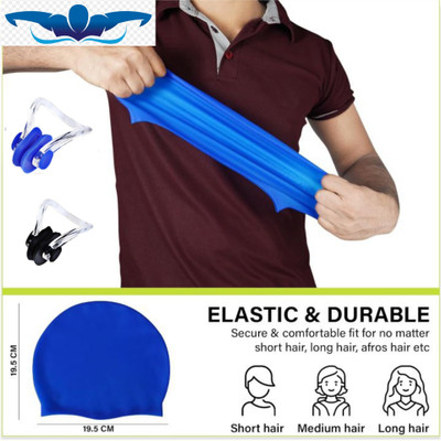 Swiming Silicon Swimming Cap And Nose Plugs Swimming Cap(Blue, Pack of 1)
