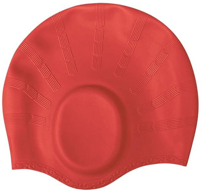 Konex Silicone Swimming Cap with Ear Protection| for Kids Adults Men Women(FREE Size) Swimming Cap(Red, Pack of 1)