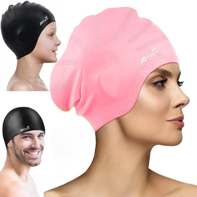 JD FRESH Silicone Swimming Cap for Men & Women/Keeps Hair Clean and Ears Protected Swimming Cap(Black, Pack of 1)