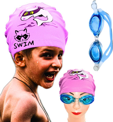 MAPACHE PU coated swimming cap and kids basic swimming goggles with earplugs Swimming Cap(Multicolor)