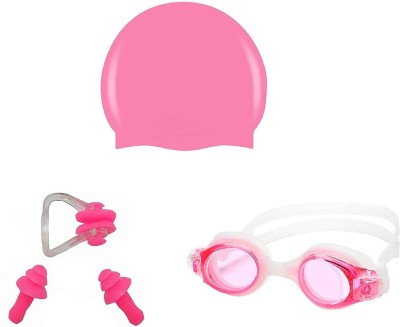 Spocco Pink Swimming Goggles, Caps Combo Set With Nose Clip, Ear Plug - Free Size Swimming Cap(Blue, Pack of 1)