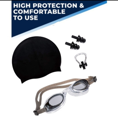 Ratnaram Swimming Cap + Goggles Black colour Men Women Extra Stretch Swimming Cap(Pack of 1)