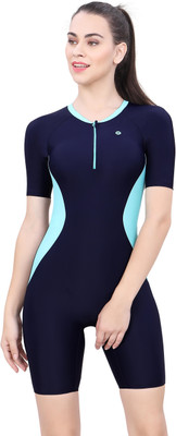 Lactra Women's Nylon Swimming Costume| Knee Suit With ZipI Padded | Half Sleeves Solid Women Swimsuit