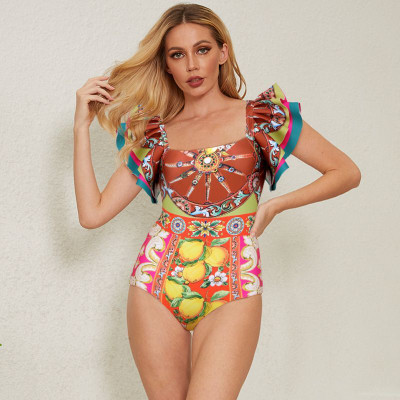 second skins Brown lemon monokini Geometric Print Women Swimsuit