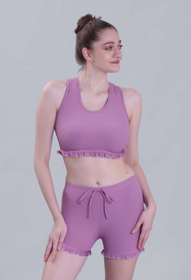 Keepfit Women's Two piece frill design swimwear crop top with Boyshorts Solid Women Swimsuit