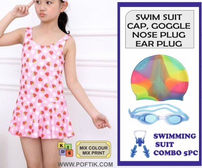 LADONNA Swimming Kit for Girls with 1 Swimming Costume,Goggles Cap Ear Plug Nose Clip Floral Print, Printed Girls Swimsuit