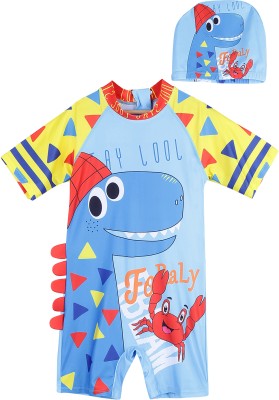 PASSION PETALS Half Sleeves Legged Swimsuit Dinosaur Crab Print With Cap - LightBlue Printed Boys & Girls Swimsuit