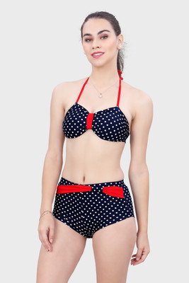 Lactra Women's Halter Neck Side Tie High Waist Bikini Polka Print Women Swimsuit