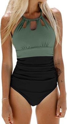 TICKER FASHION Front Keyhole Padded One-Piece Swimsuit Solid Women Swimsuit