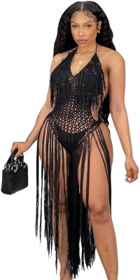 EZLOOT Women Summer Halter V Neck Knit Crochet Fringe Hollow Out Beach Sexy Outfits Solid Women Swimsuit