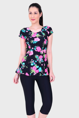 Lactra Nylon Two Piece Printed Panel Half Sleeve with Contrast Knee Leg Swim dress Floral Print Women Swimsuit