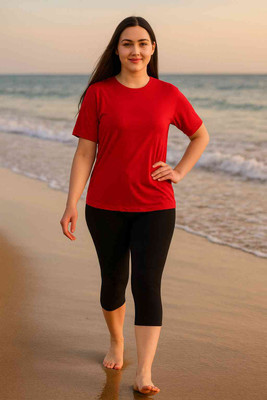 HiRRuX Women's Solid Swim Dress Set (T-shirt & Capri Bottoms) Solid Women Swimsuit