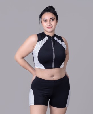 Keepfit Women's Sporty Black And White Colourblocked 2 Piece Swim Set Solid Women Swimsuit