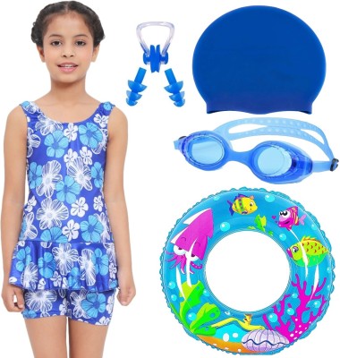 JMT Wear Swimsuit For Girls With Swimming Pool Kit Tube Cap Goggles Blue Printed Girls Swimsuit