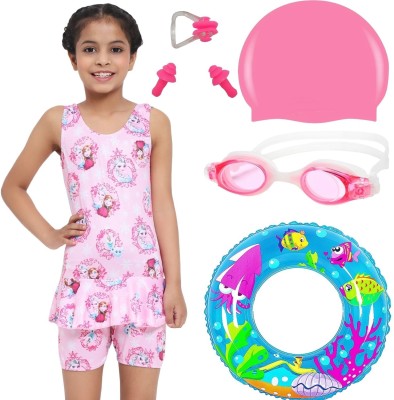 Lebami Swimming Costume for Girls With Kit Goggles, Cap, Tube, Ear Nose Clip Pink Printed Girls Swimsuit