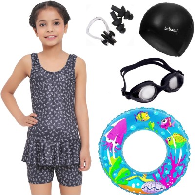 Lebami Swimsuit For Girls With Swimming Pool Kit Tube Cap Goggles Black Printed Girls Swimsuit