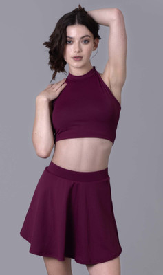 Keepfit WOMENS MAROON HALTER NECK TOP AND FLOWY SKIRT SWIMSET Solid Women Swimsuit