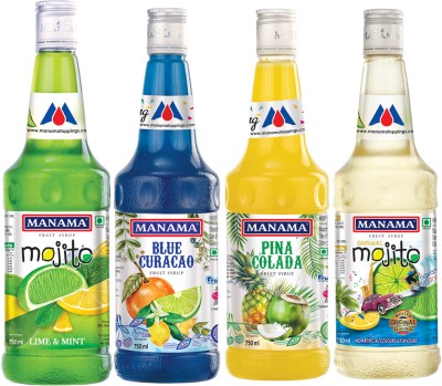 MANAMA Lime mint Syrup, Blue Curacao Syrup, Pinacolada Syrup and Original Mojito Syrup, Mixer for Mocktails, Cocktails, Drinks, Juices(750 ml, Pack of 4)