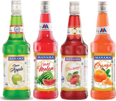 MANAMA Green Apple Syrup, Watermelon Syrup, Strawberry Syrup and Orange Syrup, Mixer for Mocktails, Cocktails, Drinks, Juices(750 ml, Pack of 4)