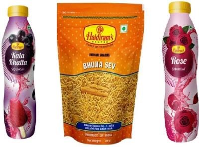 Haldiram's Bhujia Sev 400 Gm With Kala Khatta Squash (750 ml) And, Rose Sharbat (750 ml)(1900 g, Pack of 3)