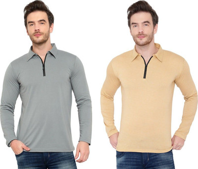 JB Jangoboy Solid Men Polo Neck Beige, Grey T-Shirt