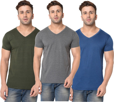 JB Jangoboy Solid Men V Neck Green, Blue, Grey T-Shirt