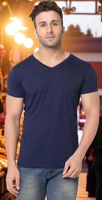 Faricon Trending Solid Men Round Neck Dark Blue T-Shirt
