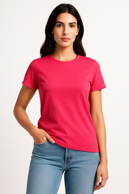 Inner Element Solid Women Round Neck Pink T-Shirt