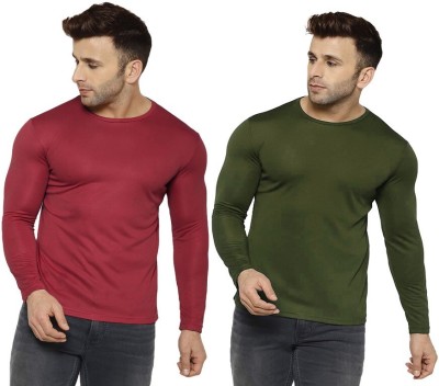 UDI n ADI Solid Men Round Neck Dark Green, Maroon T-Shirt