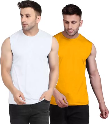 Think Tech Solid Men Round Neck White, Yellow T-Shirt
