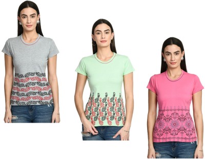 KAVYA Printed Women Round Neck White, Light Green, Pink T-Shirt