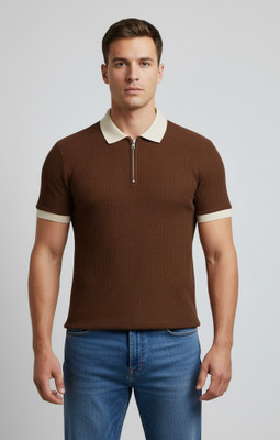 CrisPet Solid, Self Design Men Zip Neck Brown T-Shirt